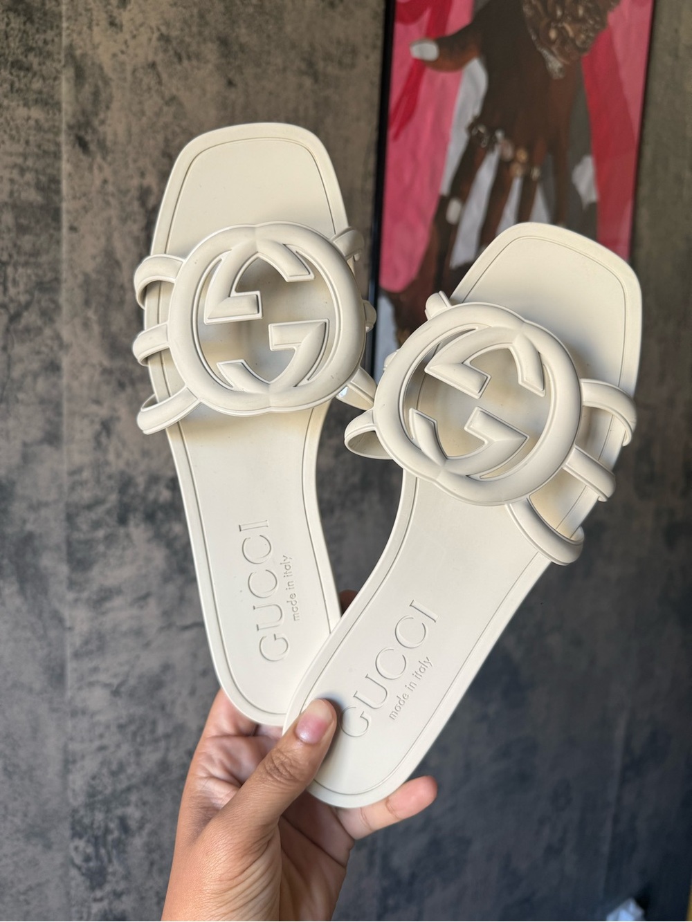 Gucci Cream GG Logo Leather Slide Sandals
